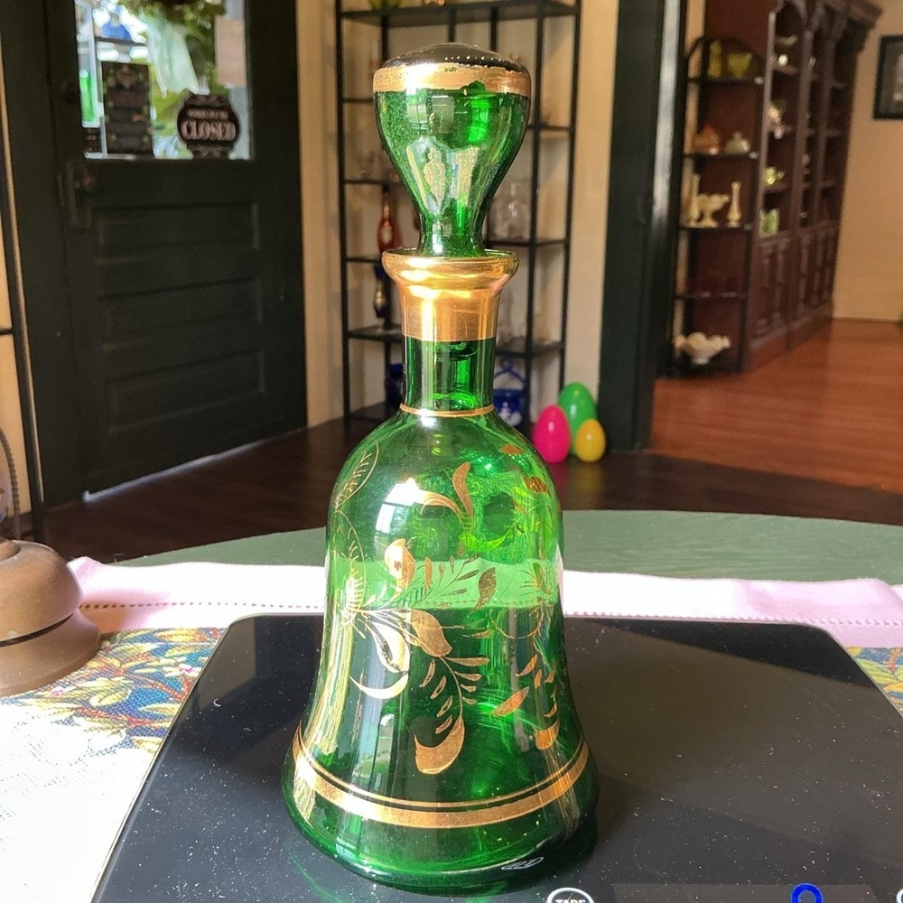 Vintage Empoli 9.25" Green Glass‎ Bohemian Decanter Hand painted Gold Detail